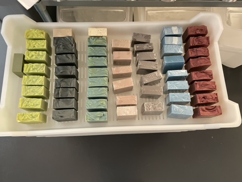 A tray of hand-cut soap loaves curing in the Hill Country studio