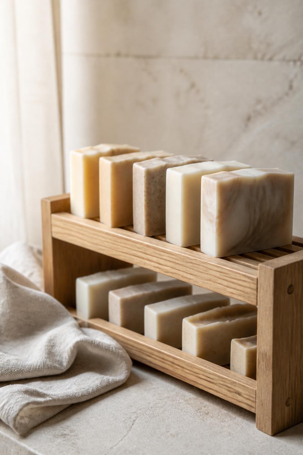 A tray of hand-cut soap loaves curing in the Hill Country studio