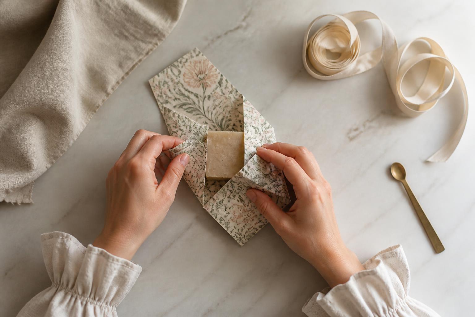 Hands folding William Morris patterned paper around a luxury artisan soap bar